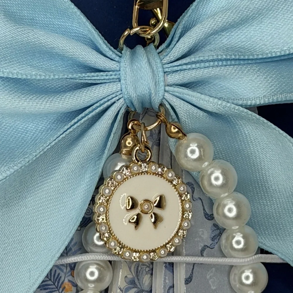 Blue Bow Faux Pearl Bag Charm and Mini File Keychain Set